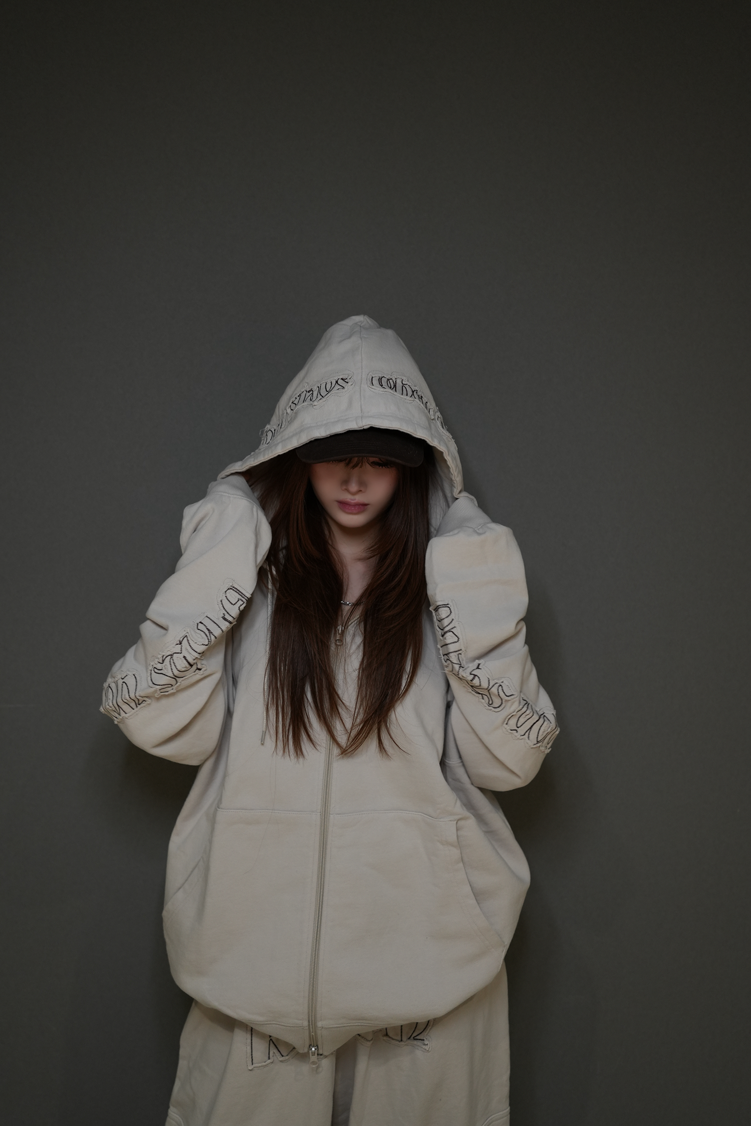 Tone-on-Tone Logo Hood Zip-up / beige